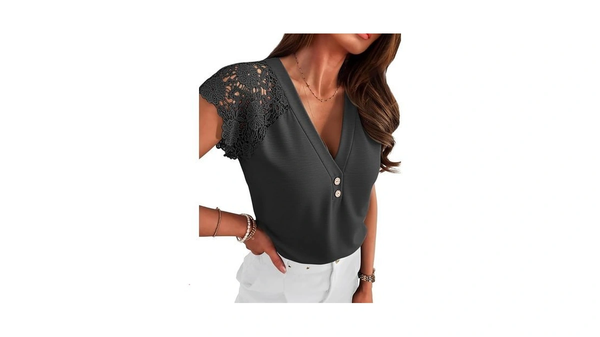 Angashion Womens Tops Lace Short Sleeve Casual V Neck Tunic