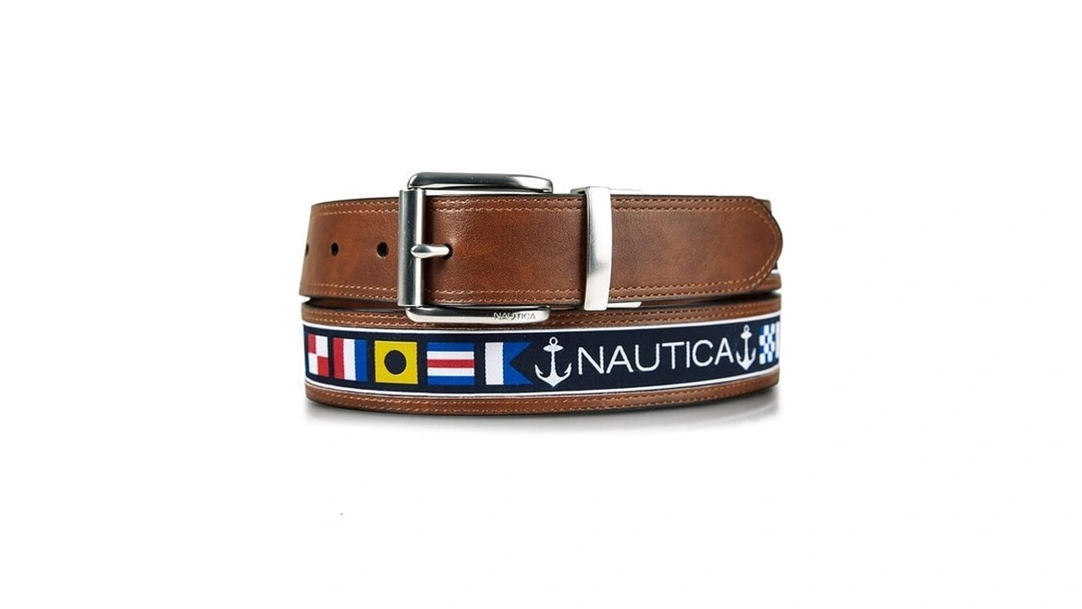Nautica Mens Reversible Flag Canvas And Leather Belt | 2-in-1