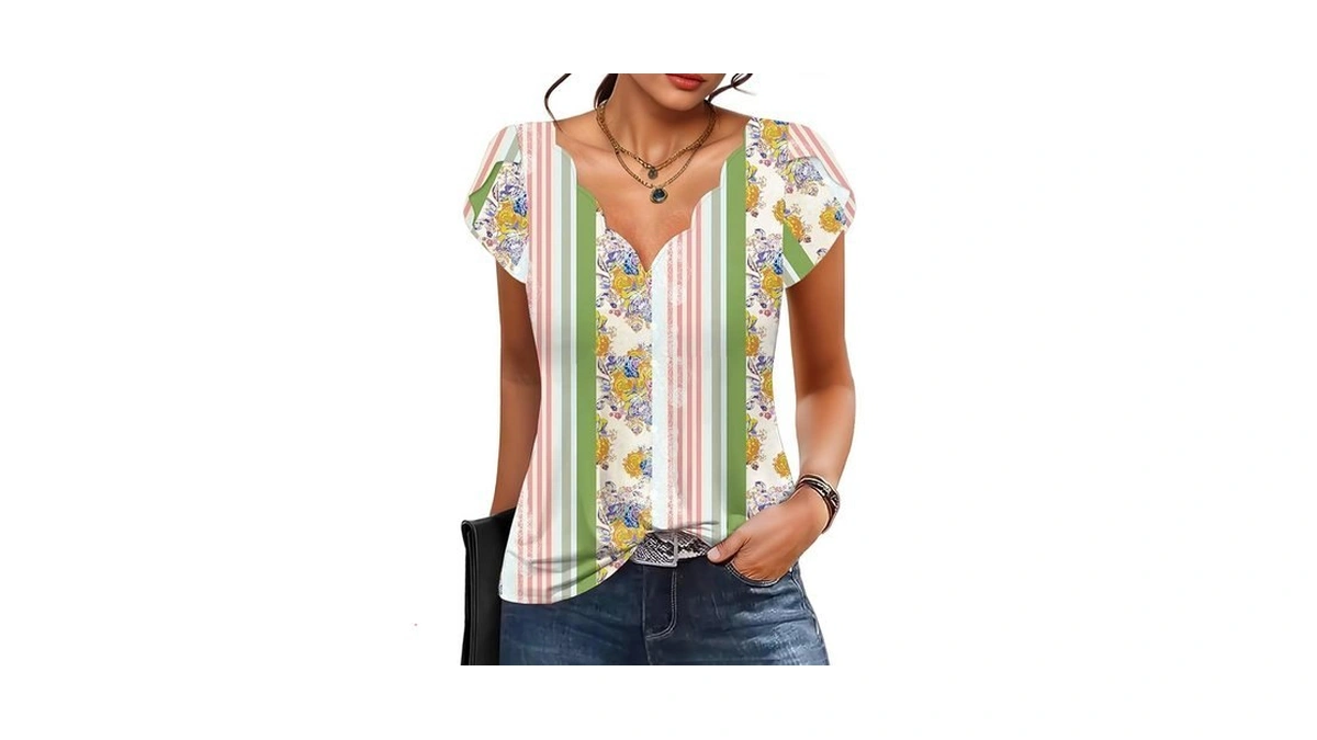Etcyy New Womens Summer Tops Seashell Edge V Neck Shirts