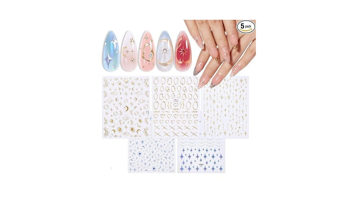 Modelones Nail Stickers 3d Self-adhesive Nail Decals Gold Line Star,