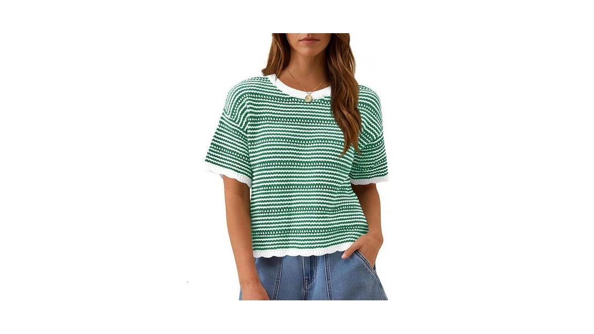 Fisoew Women's Summer Striped Cropped Knit Tops Short Sleeve Crew