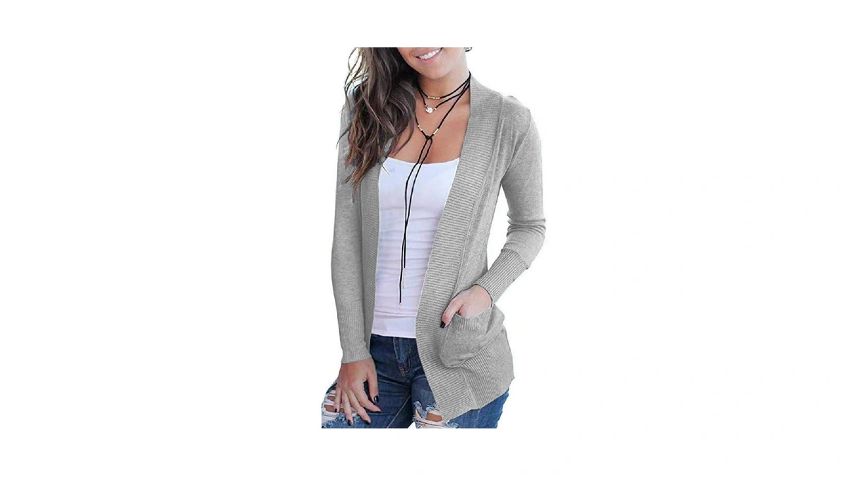 Voianlimo Women’s Open Front Long Sleeve Classic Knit Light Grey