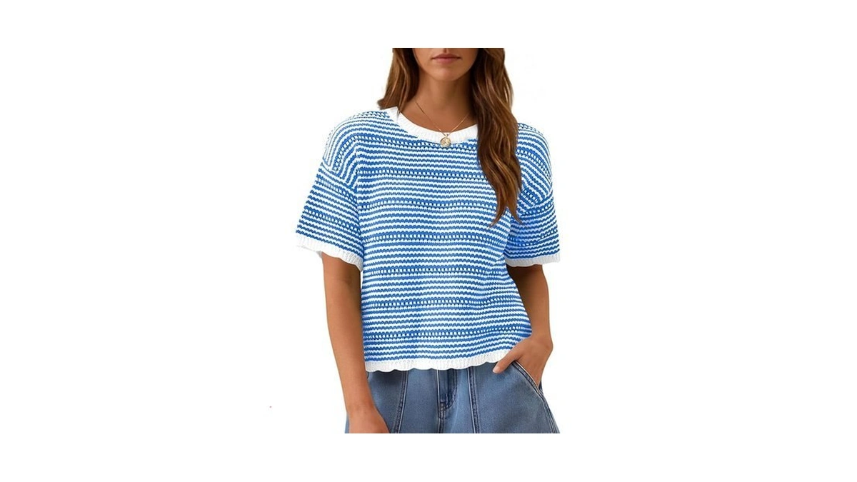 Fisoew Women's Summer Striped Cropped Knit Tops Short Sleeve Crew