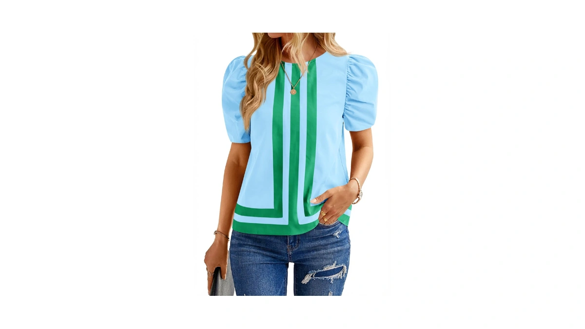 Cicy Bell Womens Summer Puff Sleeve Blouses Striped Color Block
