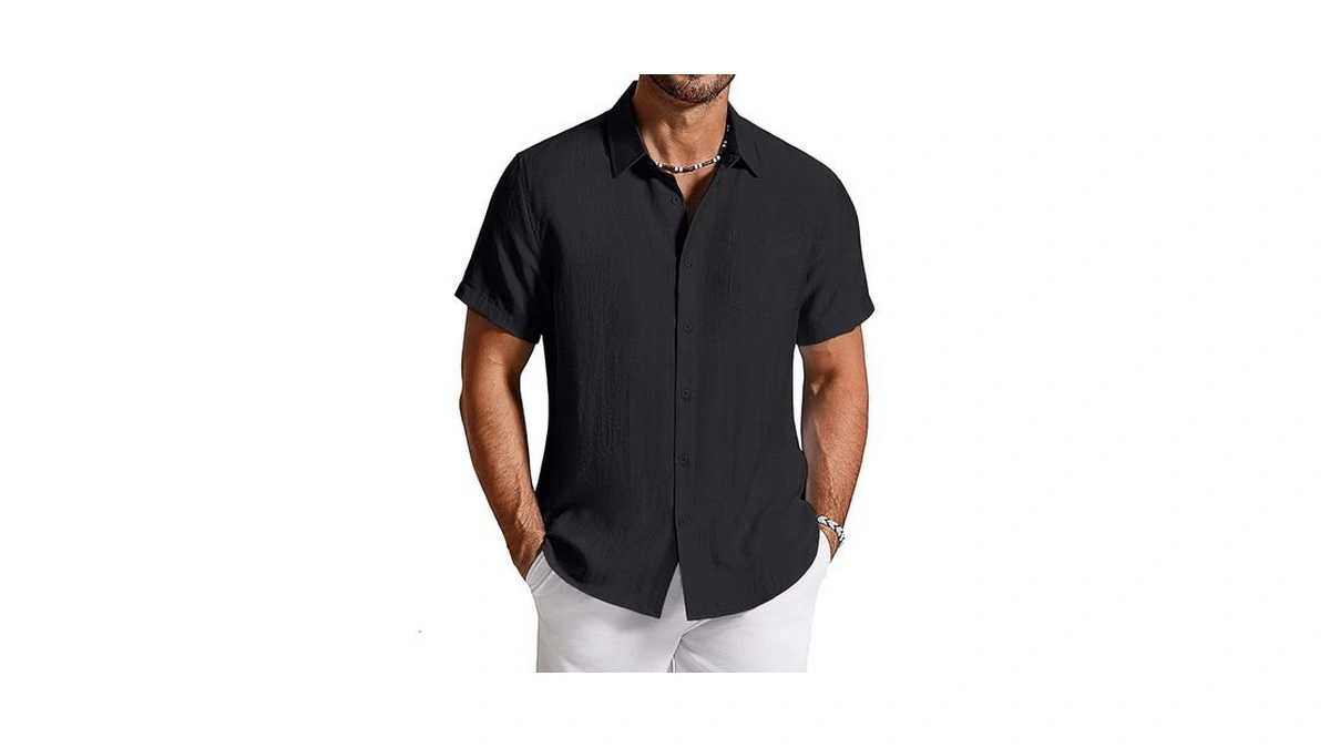Coofandy Men's Summer Linen Shirt Casual Short Sleeve Button-down Beach