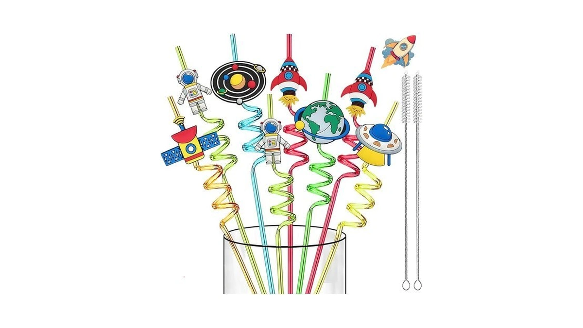 24pcs-outer-space-silly-crazy-straws-for-kids-birthday-party-decorations-reusable Solar System Plastic Drink Straw Spaceship Astronaut Satellite Planet