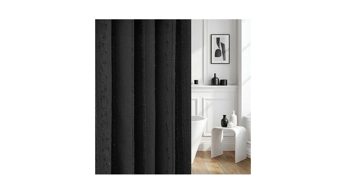 Lameirose Black Shower Curtain Boho, Cotton Blend Waffle Shower Curtains