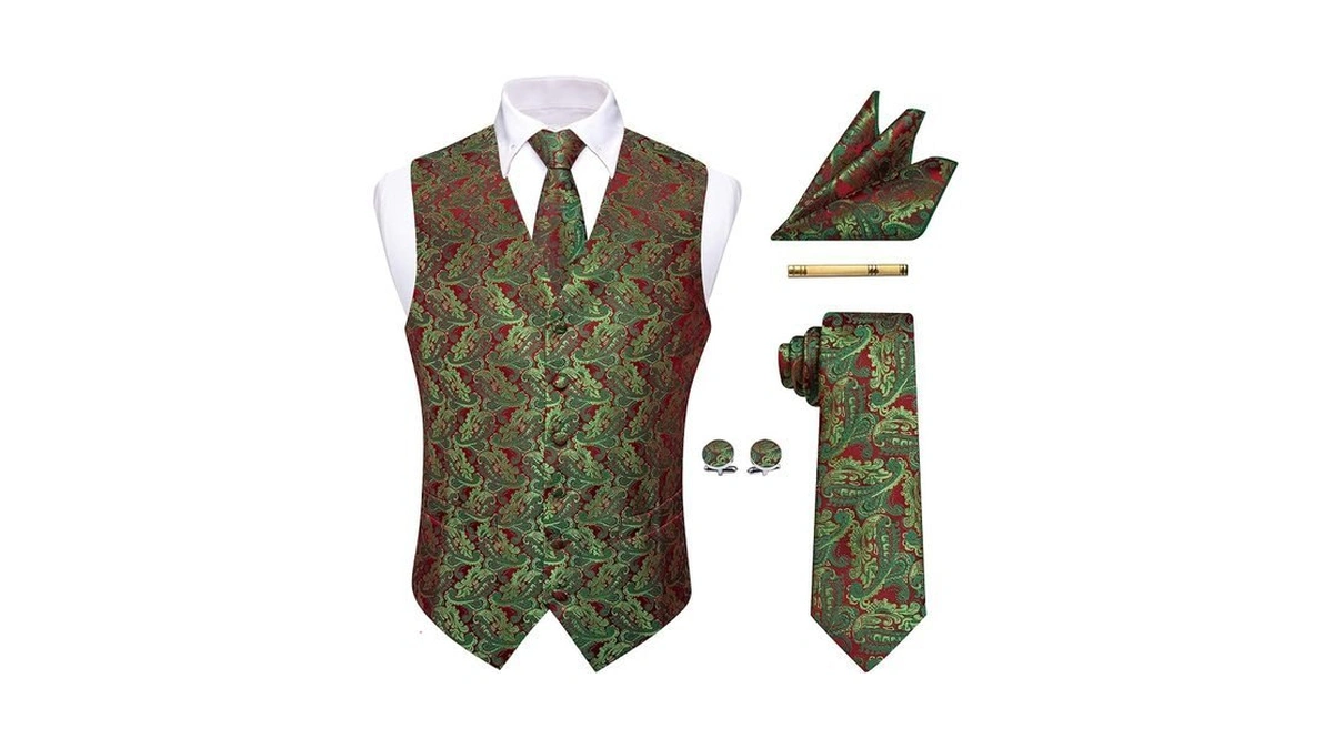 Yourties Mens Formal Vest Silk Red Green Paisley Suit Vests