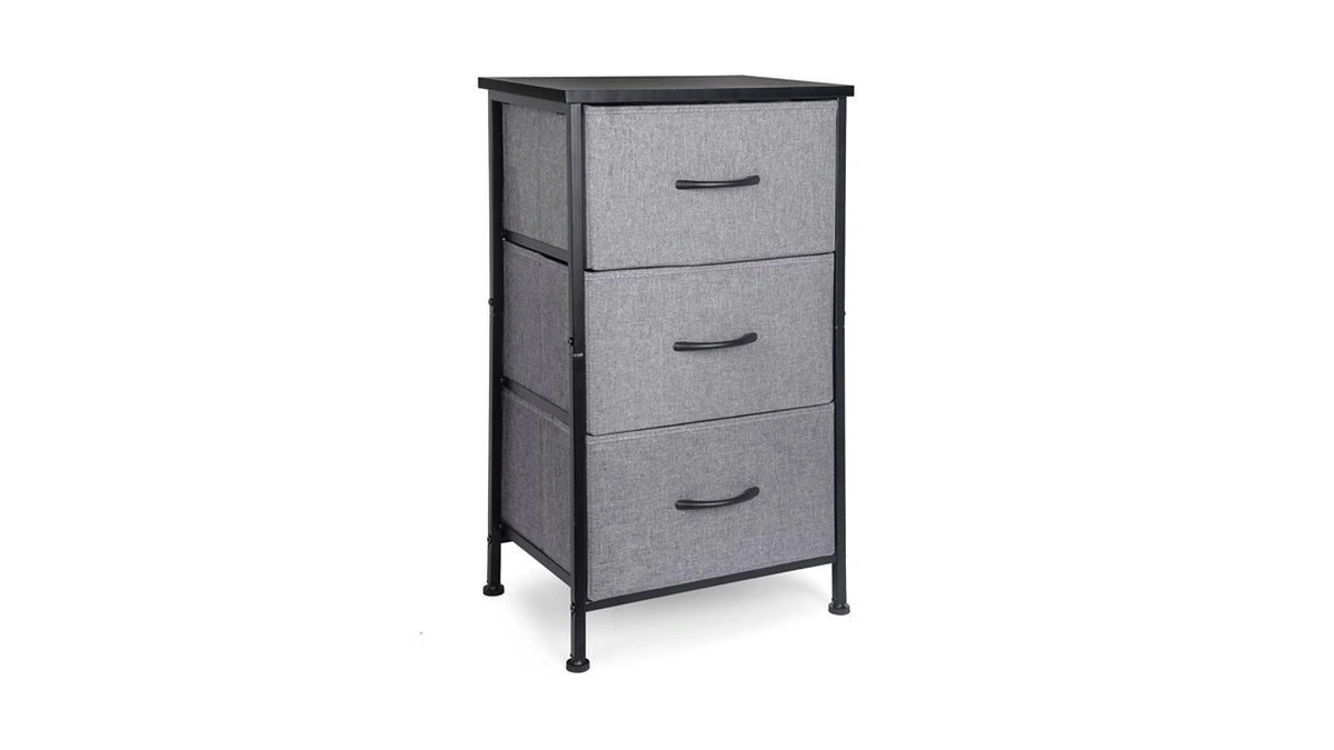 Fiocnole Nightstand With 3 Fabric Drawers, Rustic Black Wood Top,