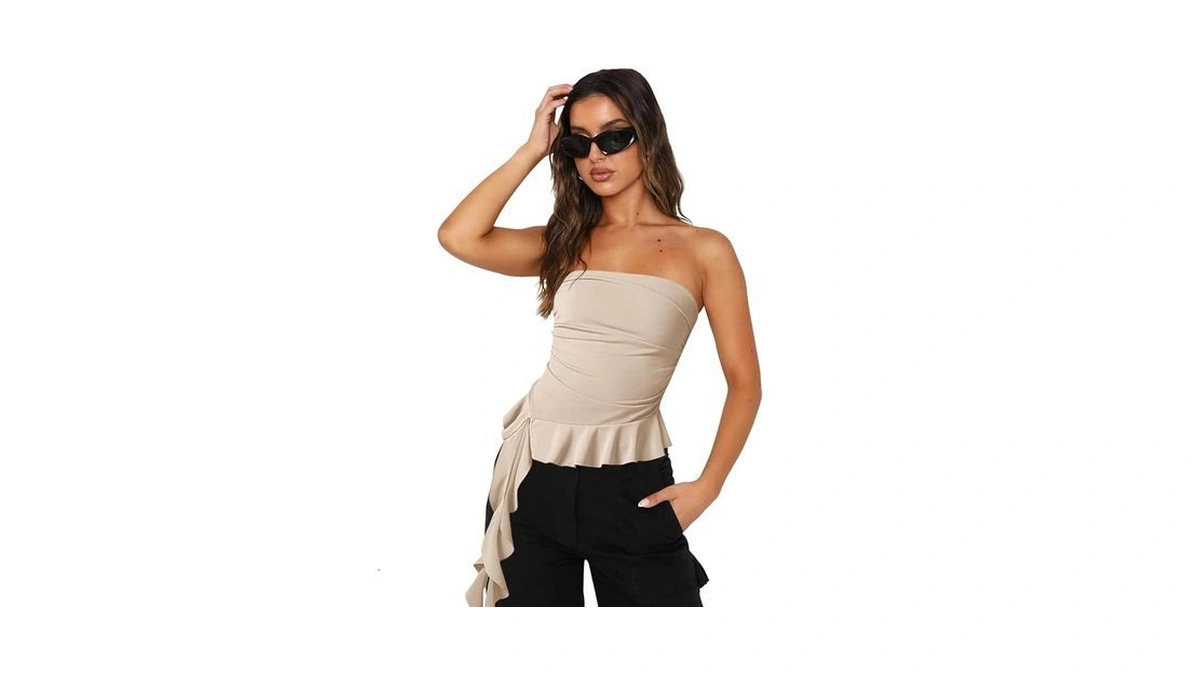 Sumtory Women Ruffle Hem Tube Tops Off Shoulder Strapless Tank