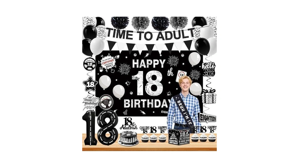 Happy 18th Birthday Decorations For Boys Girls, Black And Silver