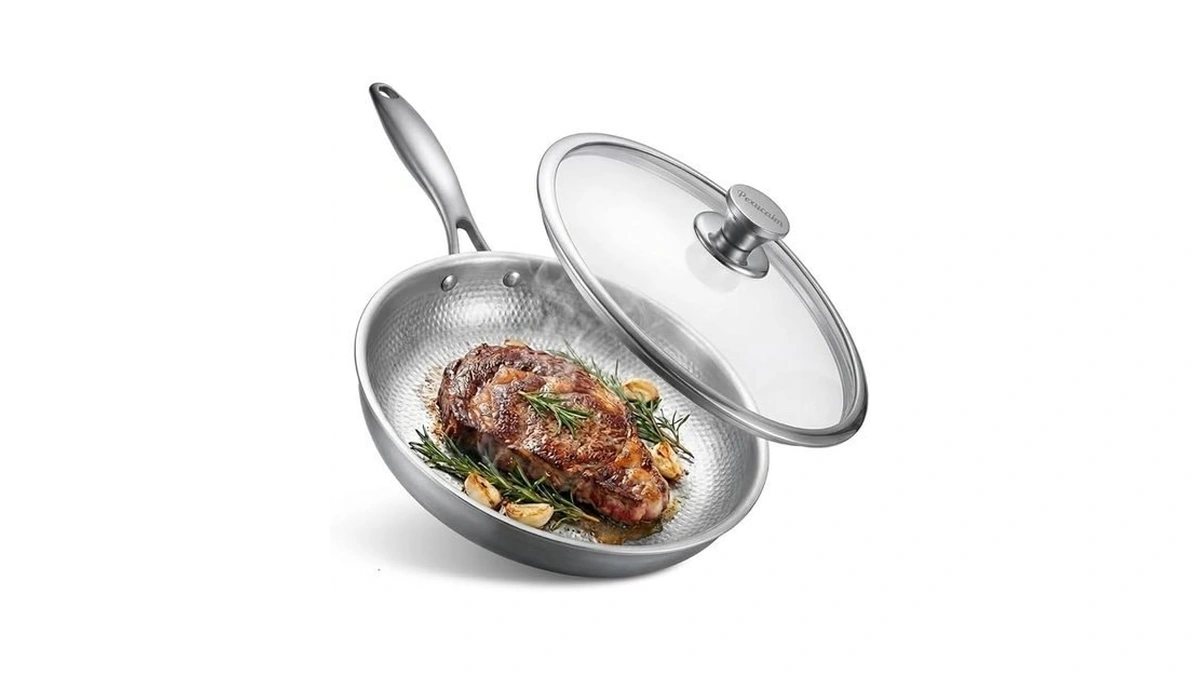 Pexucalm Titanium Frying Pan With Lid, 12" Uncoated Hammered Skillet