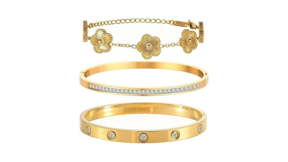 Ciormis 18k Gold Bracelet Stack, 3 Pcs Clover Nail Love