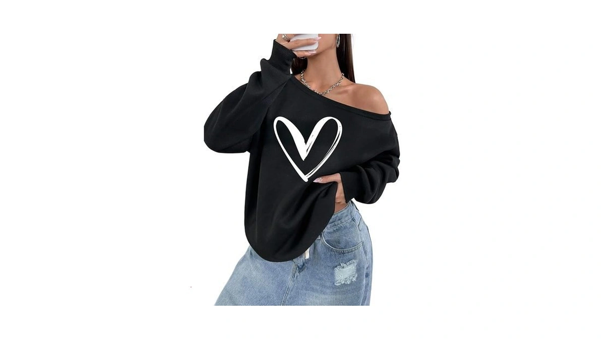 Remidoo Womens Off Shoulder Sweatshirt Heart Graphic Oversized Long Sleeve