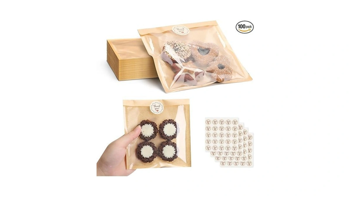 Honkid 100 Pack Cookie Packaging Bags With Seal Stickers, 5.7x6.5
