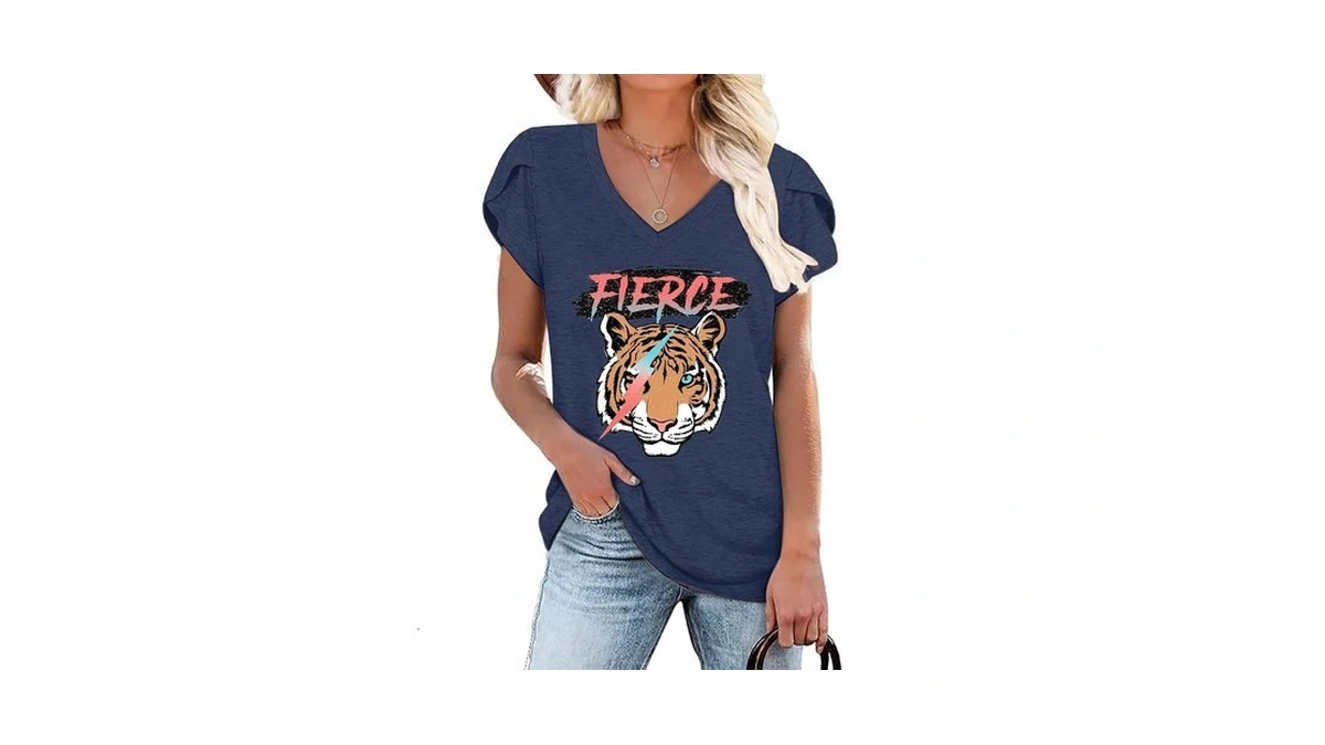 Women's Tiger Graphic Print Tops, Animal Print V-neck Petal Sleeve