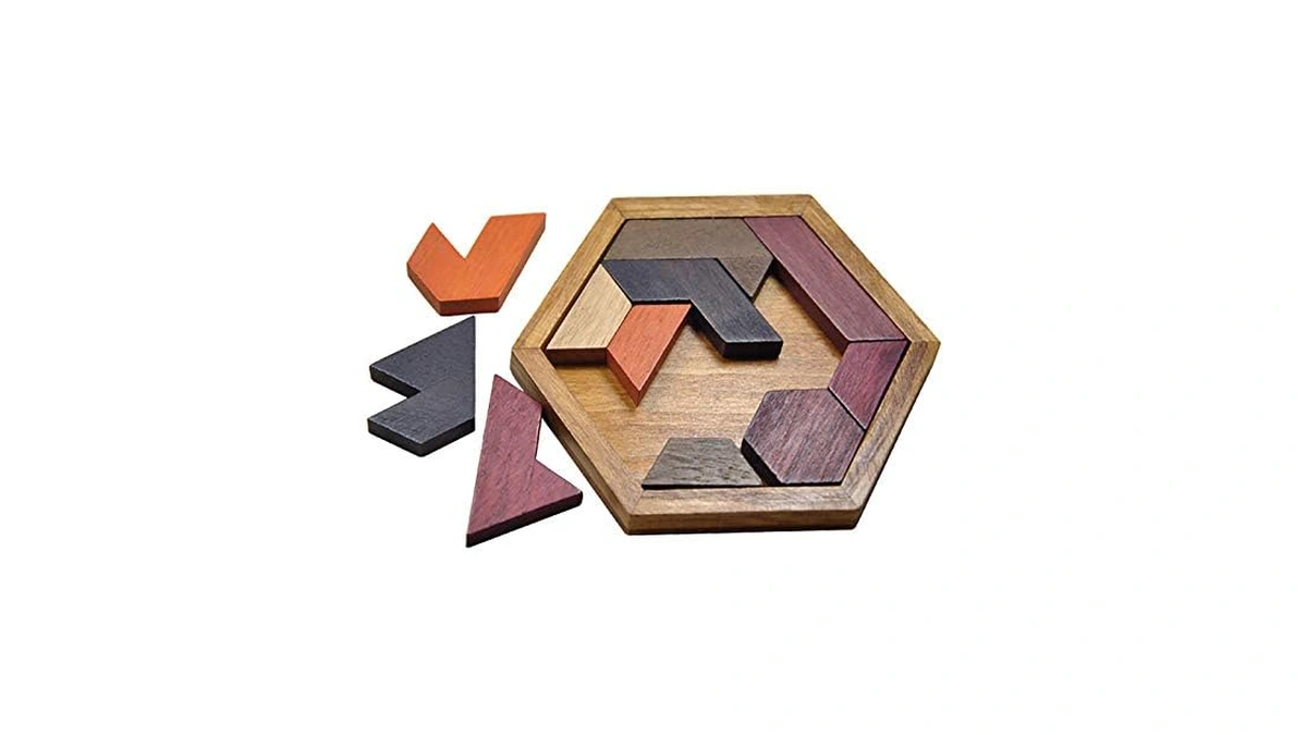 Wooden Hexagonal Tangram Puzzle, Multi-colored Wood Pieces, Brain Teaser Board