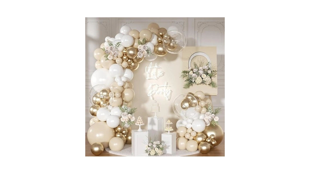 Nuttybash White And Gold Balloon Arch Kit, Metallic Gold And