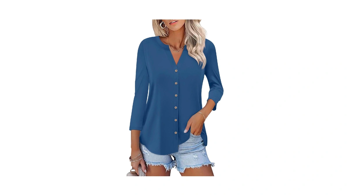 Orandesigne Women's Button Down T Shirts 3/4 Sleeve V Neck