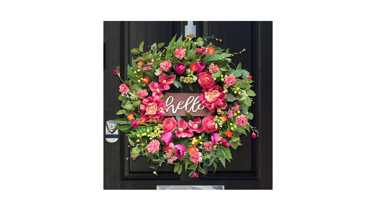 Spring Wreaths For Front Door 24 Inch With Hello Sign,artificial