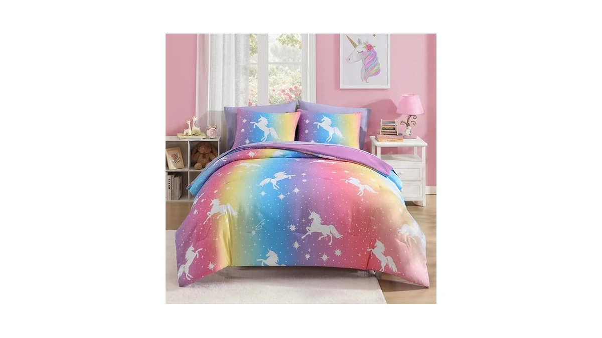 Wink Deer Twin Comforter Set For Girls-5 Pieces Rainbow Unicorn