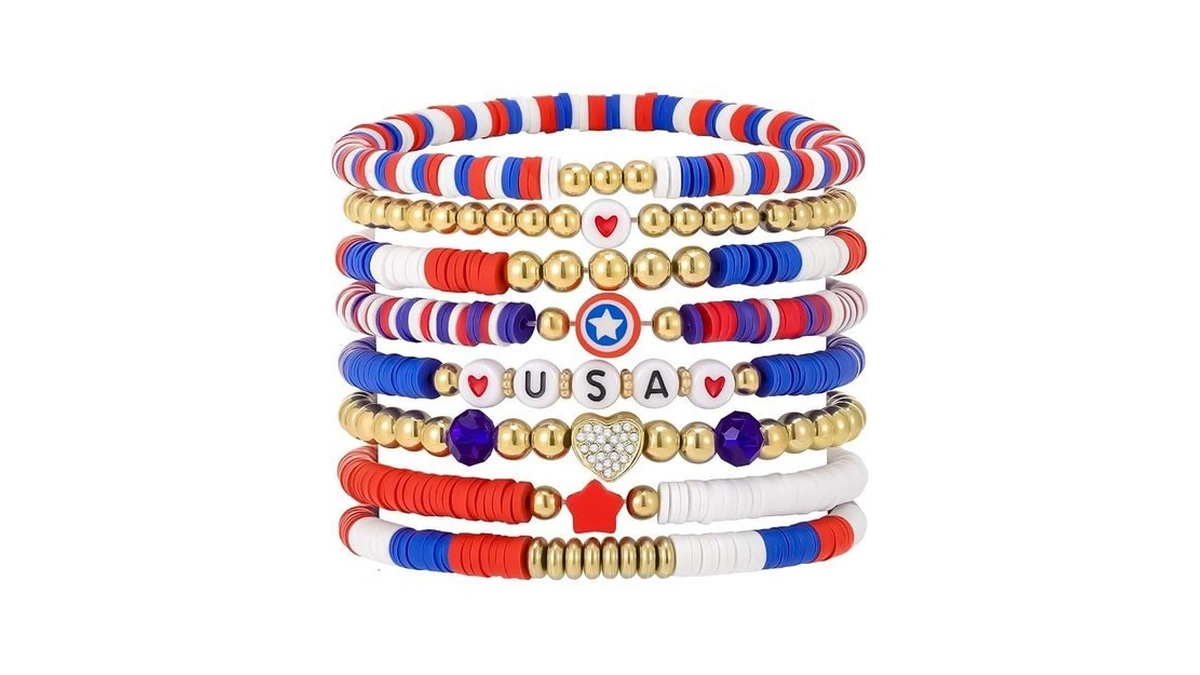 Emibele 4th Of July Clay Beaded Bracelets 8pcs, Patriotic Fourth