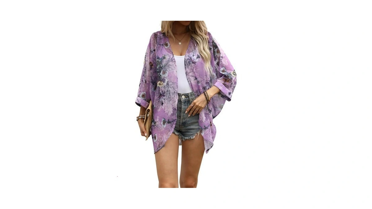 Olrain Women's Floral Print Sheer Chiffon 3/4 Bat Sleeve Casual