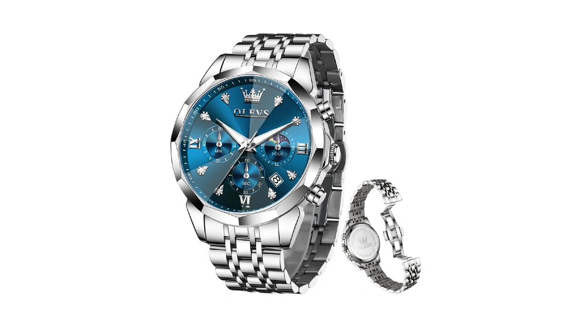Olevs Men Blue Watch Chronograph Dress Large Stainless Steel Watch
