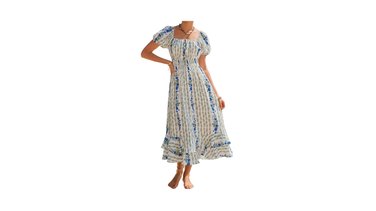 Women's Floral Summer Casual Dress, Square Neck Puff Sleeve Boho