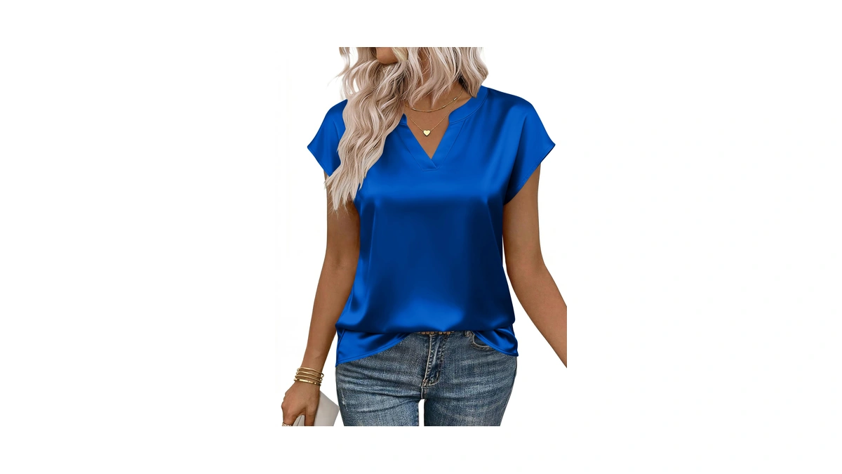 Zeagoo Women's Clothing Cap Sleeve Satin Shirts V Neck Silk