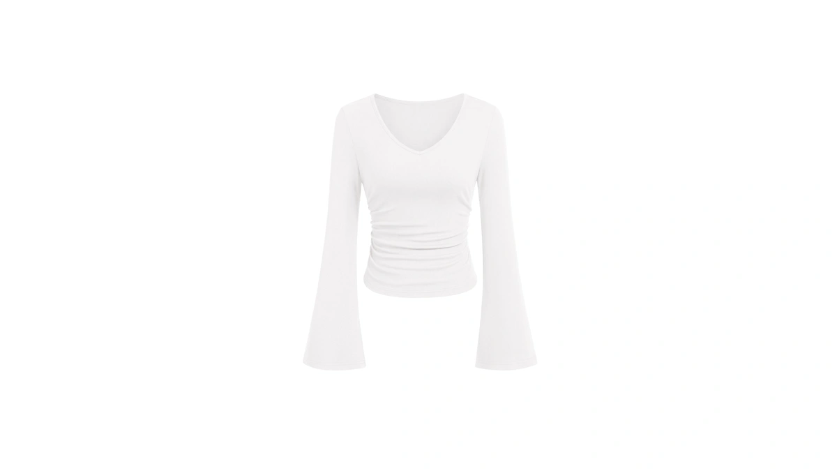 Prettygarden Women 2026 Fall Long Bell Sleeve Shirts Ribbed V