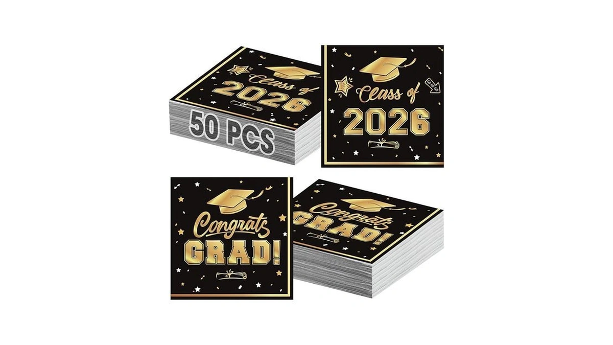 50 Pcs Graduation Napkins Decorations - Black Gold Class Of