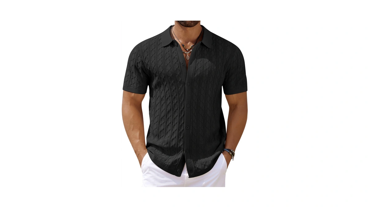 Coofandy Mens Casual Waffle Knit Shirts Button Up Short Sleeve
