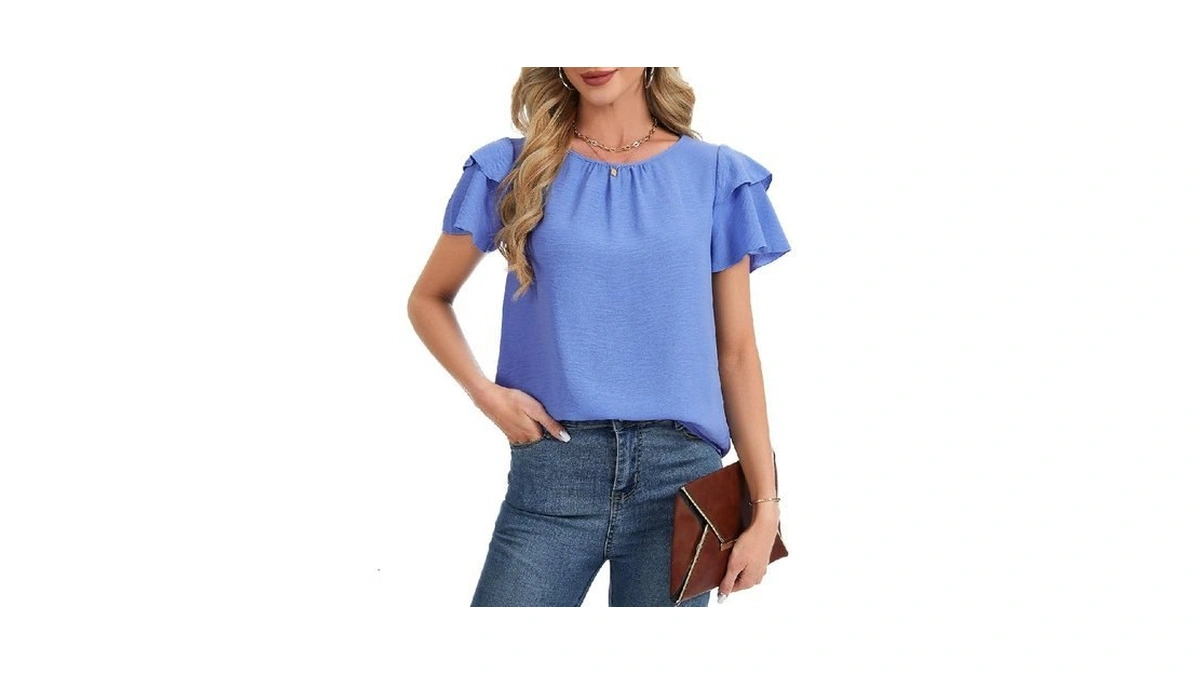 Luxebold Women's Short Sleeve Casual T Shirts Crewneck Pleated Ruffle