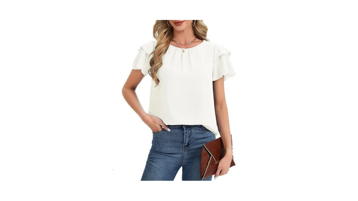 Luxebold Women's Short Sleeve Casual T Shirts Crewneck Pleated Ruffle