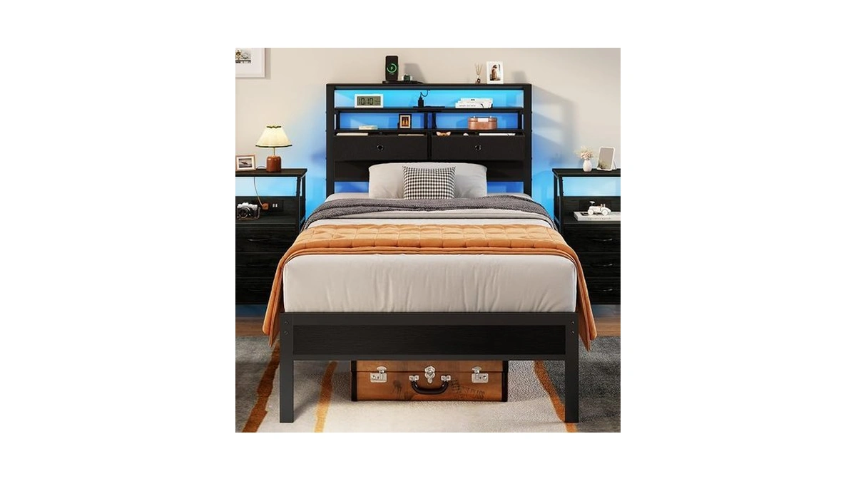 Furnulem Twin Bed Frames With Charging Station And Led Lights,