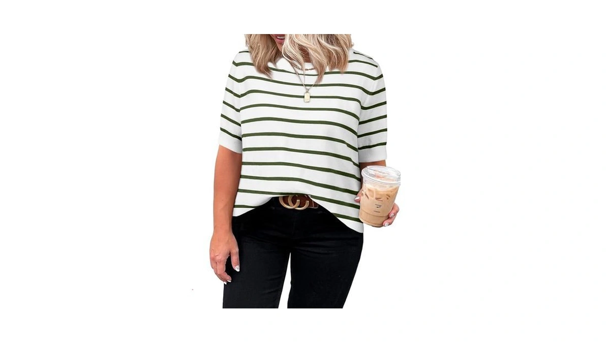 Eytino Women Plus Size Summer Sweater Striped Crewneck Short Sleeve