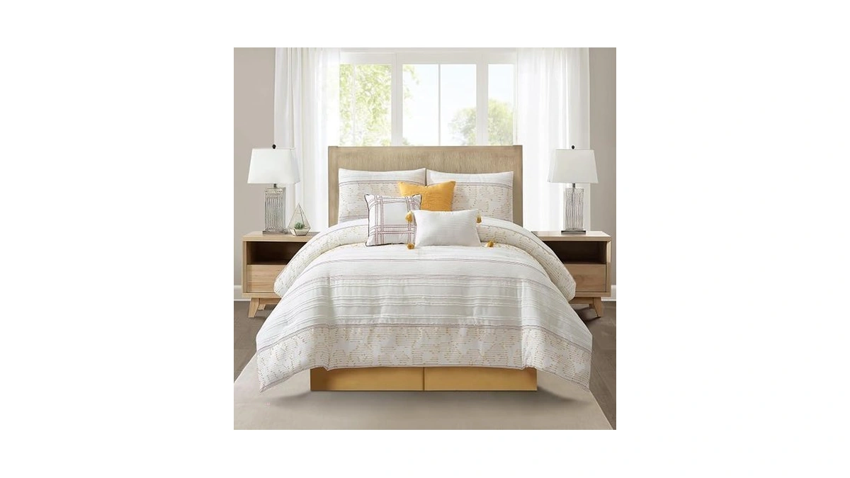 Stratford Park White Yellow Jacquard Comforter Set King Size, 7