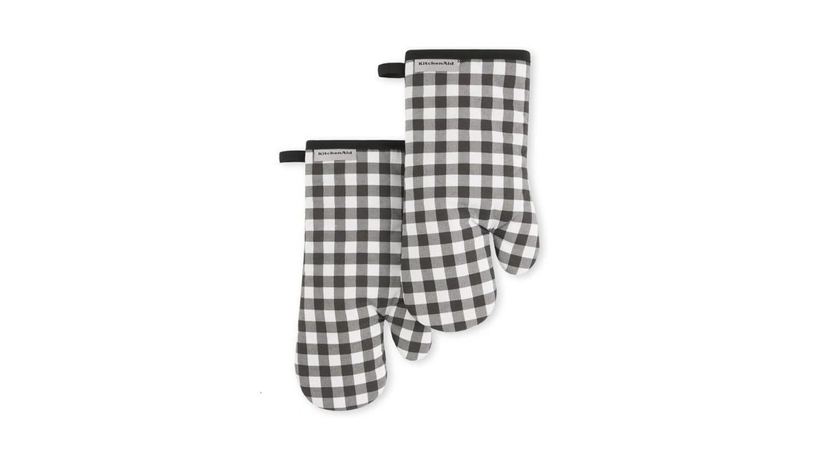 Kitchenaid Gingham Oven Mitt 2-pack Set, Matte Black, 7"x13"