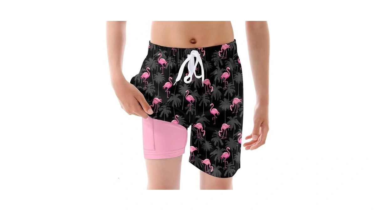 Boy Swim Trunks With Compression Kids Flamingo Bathing Suits Black