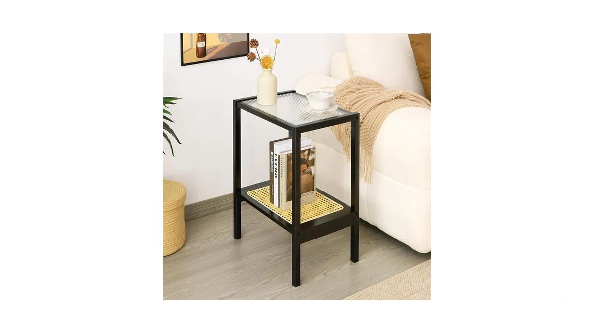 Mordchil Hf 2-tier Bamboo Side Table, Modern Glasstop Rattan Side
