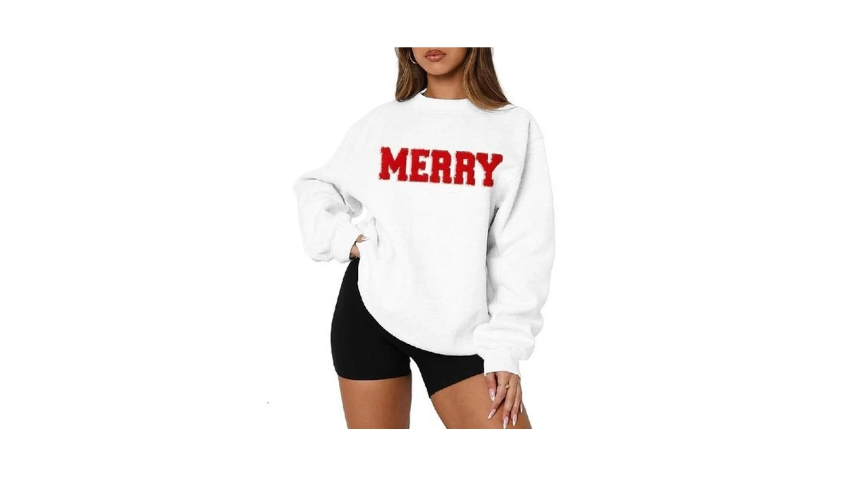 Mapick Christmas Crewneck Fleece Sweatshirt Glitter Patch Merry Letter Pullover