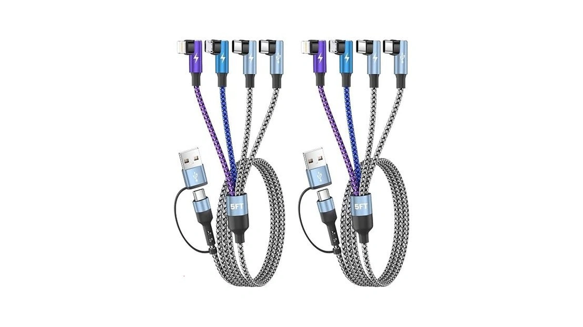 Travel Essentials 90 Degree Multi Charging Cable, 5ft 2pack Nylon