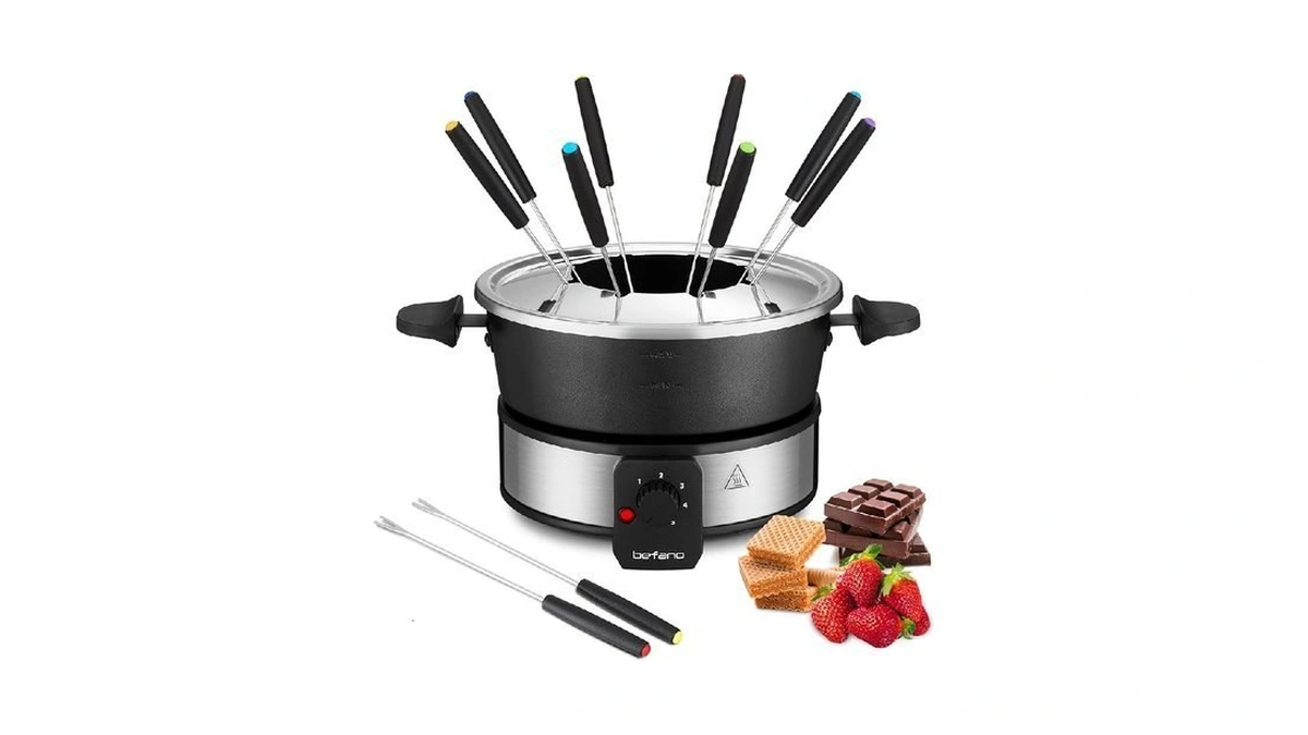 Befano Stainless Steel Fondue Pot With Temperature Control, Forks, Cups,