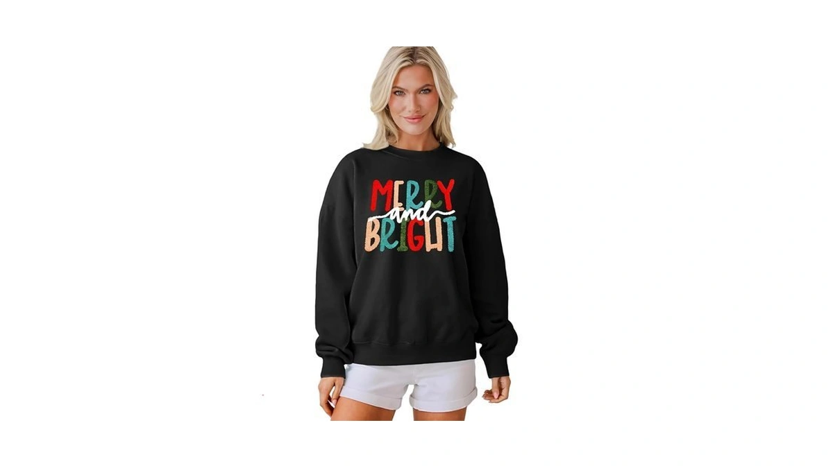 Mapick Merry And Bright Sweatshirts Christmas Embroidery Sweaters Women Crewneck