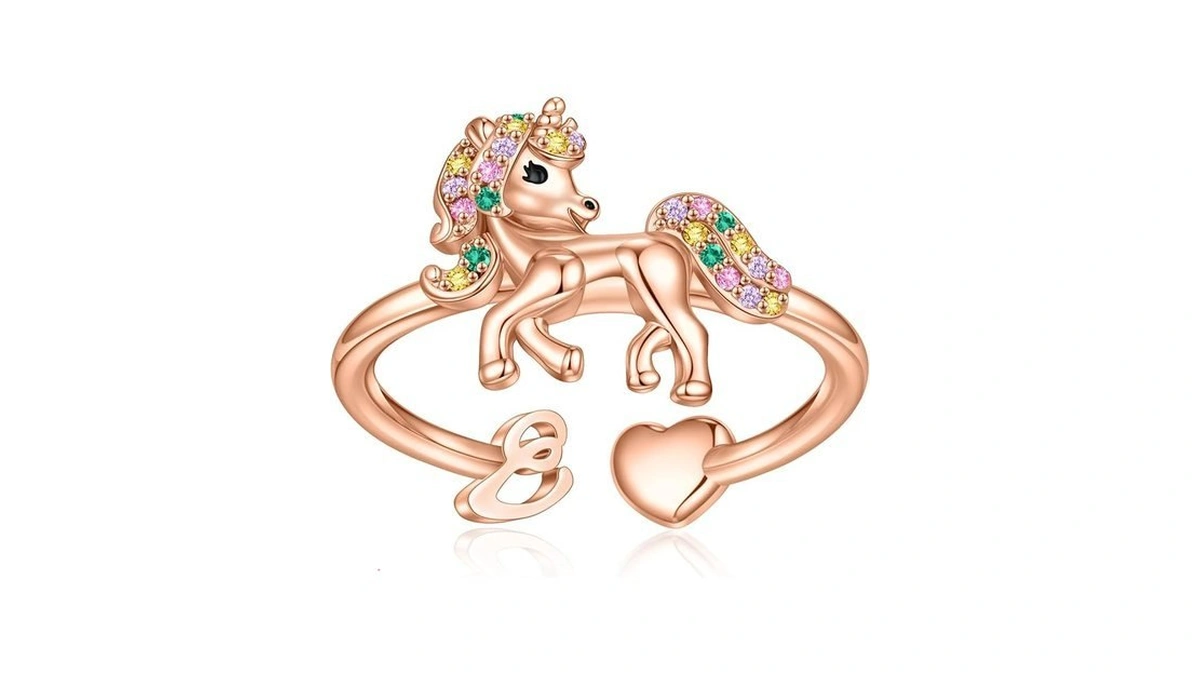 Initial Rose Gold Plated Heart Rings - 'e' Initial Unicorn