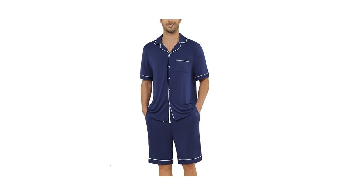 Veseacky Mens Short Sleeve Button Pajama Set Modal Shorts Sleepwear