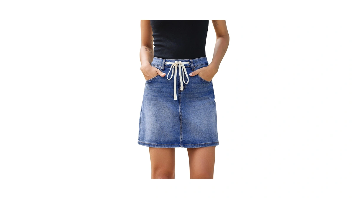 Sidefeel Womens Denim Skirt High Waist Drawstring Stretchy Trendy Mini