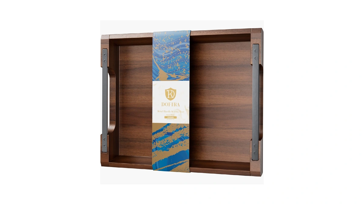 Dofira Acacia Wood Serving Tray With Metal Handles, 17x13in Food