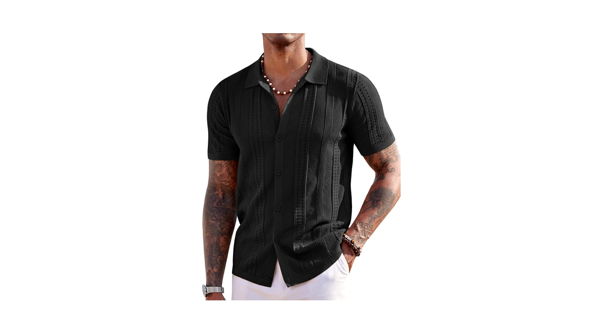 Coofandy Men's Short Sleeve Knit Shirts Vintage Button Down Polo